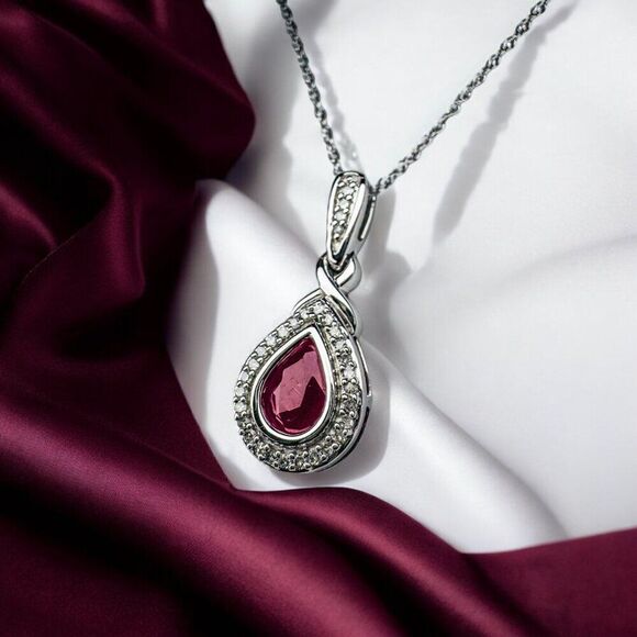 10K Gold 1CT Natural Burmese Ruby & Halo Diamond Necklace -18" -Pear Cut -2.6g - Picture 8 of 16